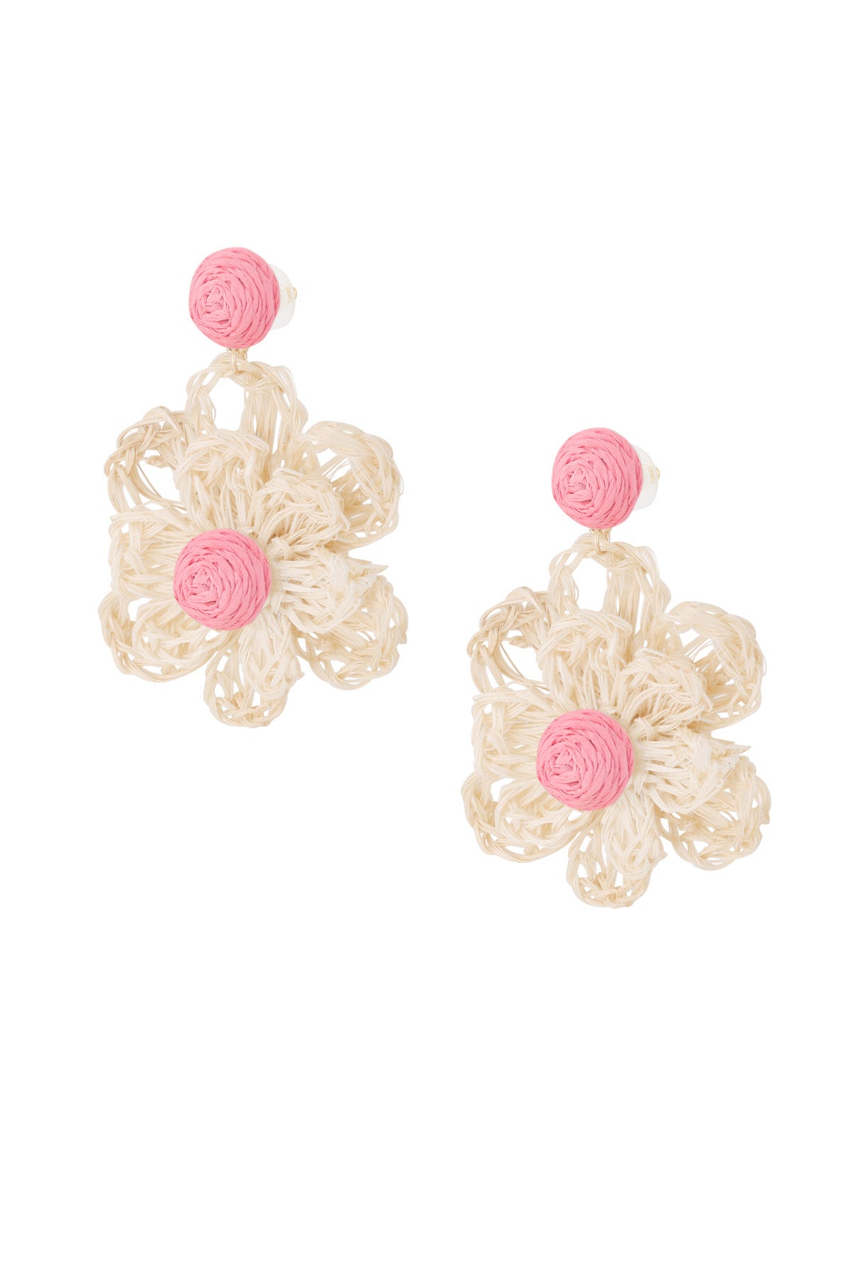 Pair of handcrafted flower-shaped earrings with natural raffia petals and pink woven centers on white background