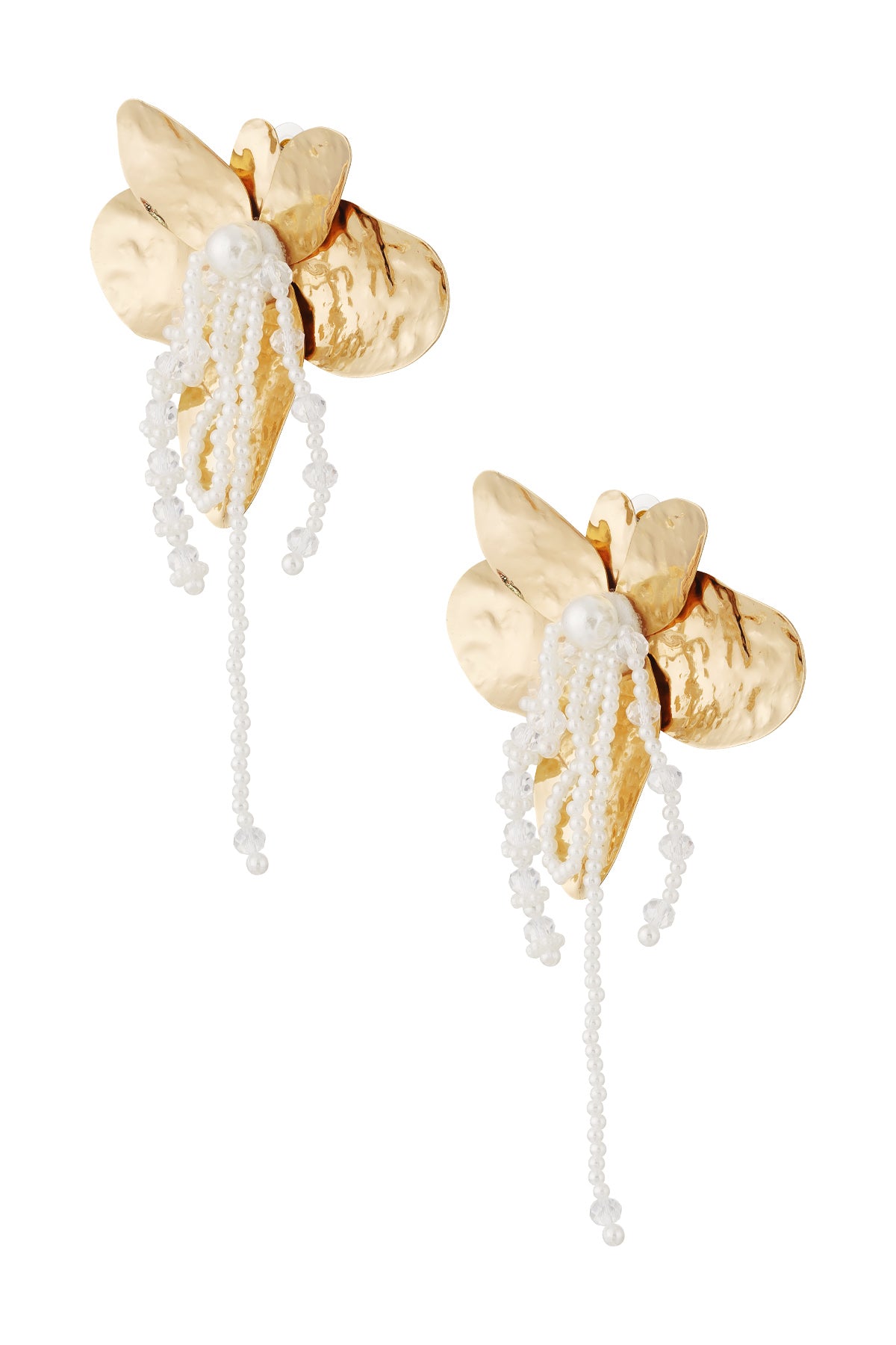 Single pair of floral hammered gold earrings with white pearls and clear white beads without colored beads