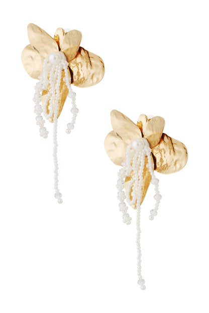Single pair of floral hammered gold earrings with white pearls and clear white beads without colored beads