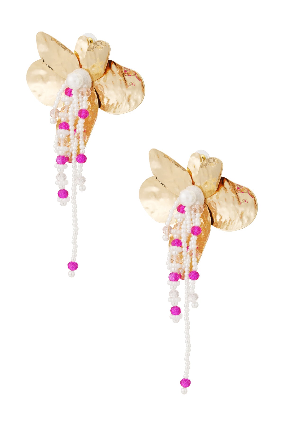 Floral hammered gold earrings with white pearls and vibrant hot pink beads variation