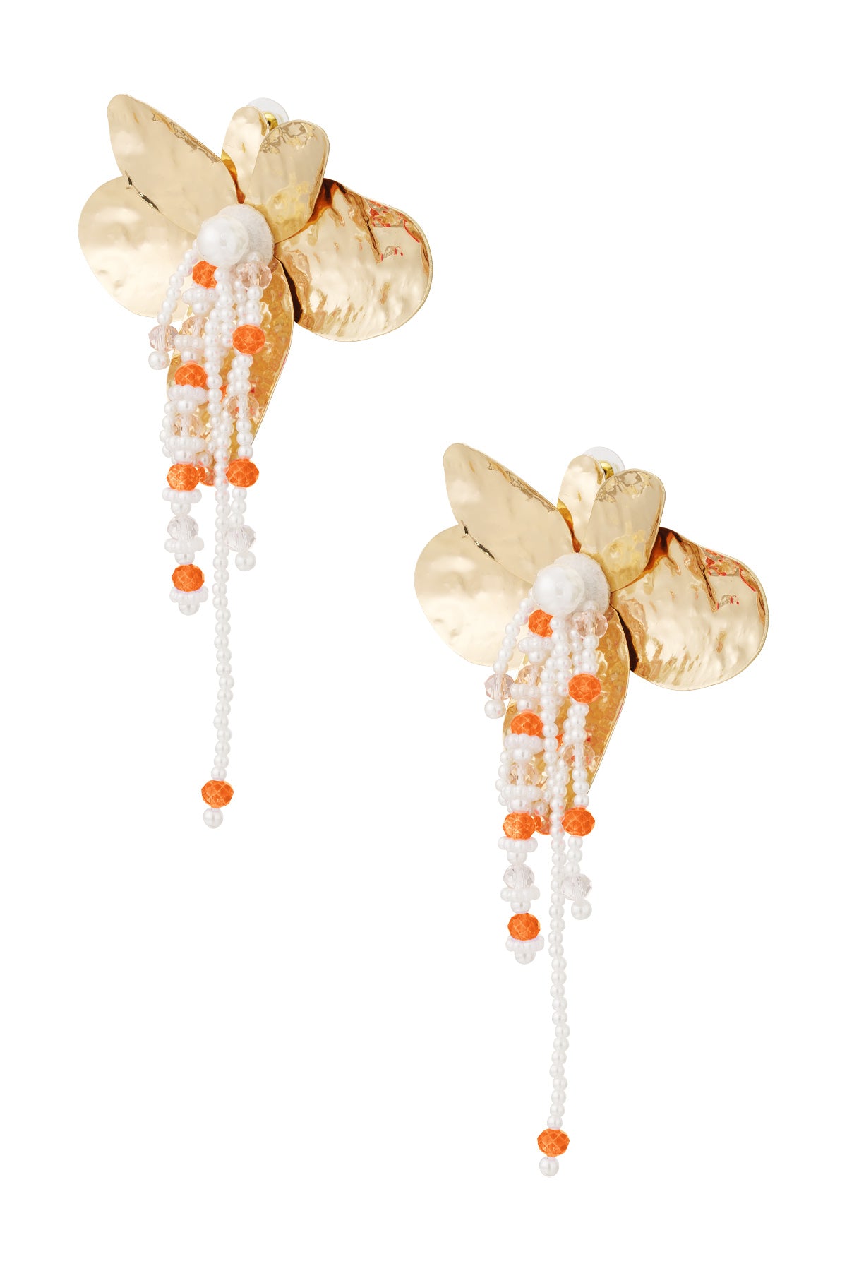 Pair of floral shaped earrings with hammered gold petals and dangling white and coral beads and faux pearls