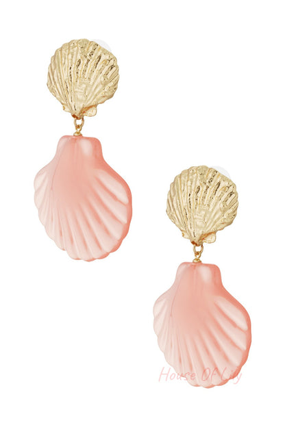 Pair of shell-shaped drop earrings with textured gold top and translucent pink shell pendant