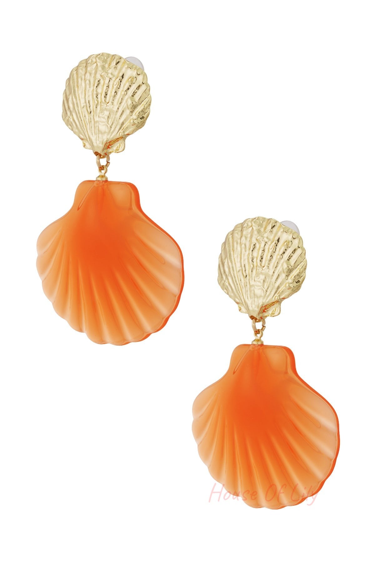 Pair of shell-shaped drop earrings with textured gold top and translucent orange shell pendant