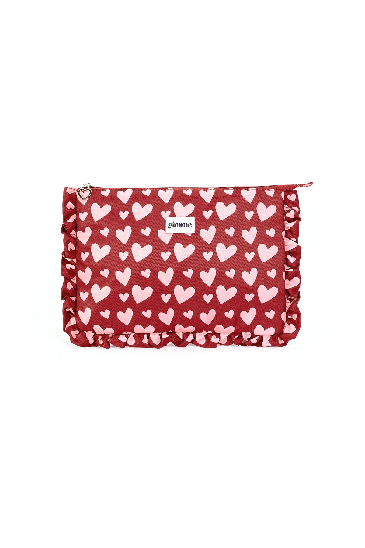 Red laptop sleeve with pink heart pattern and ruffled edges, front view