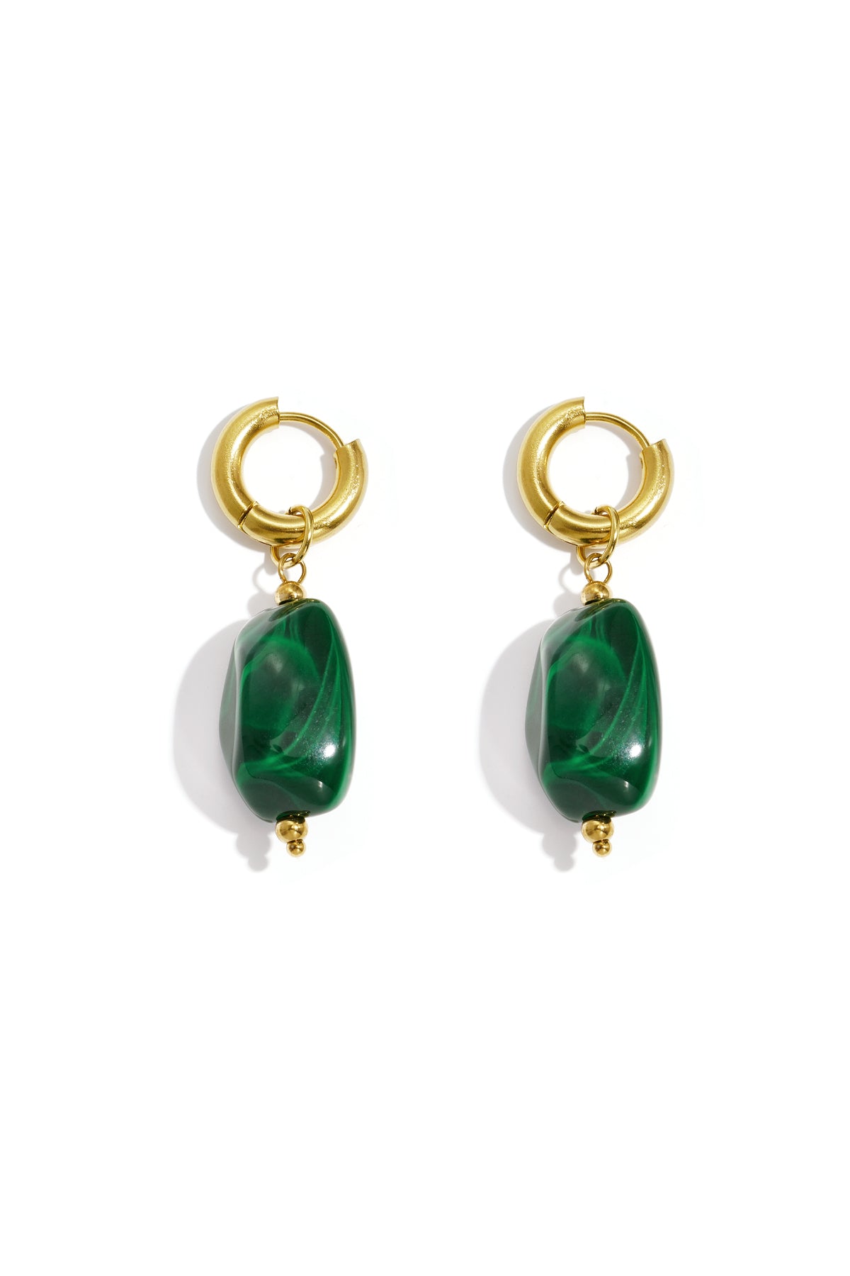 Gold hoop earrings featuring polished, green, pebble-shaped stone charms with subtle swirling patterns.