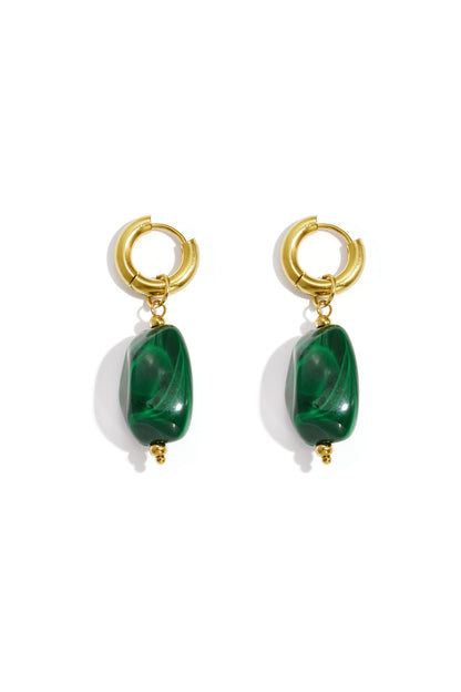Gold hoop earrings featuring polished, green, pebble-shaped stone charms with subtle swirling patterns.