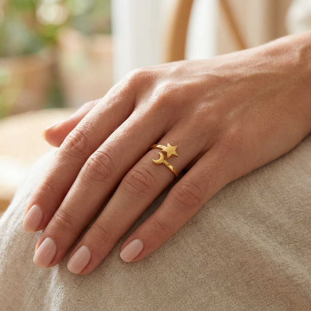 Gold Celestial Mood Ring on a finger, featuring an open-band design with a small star and crescent moon charm.
