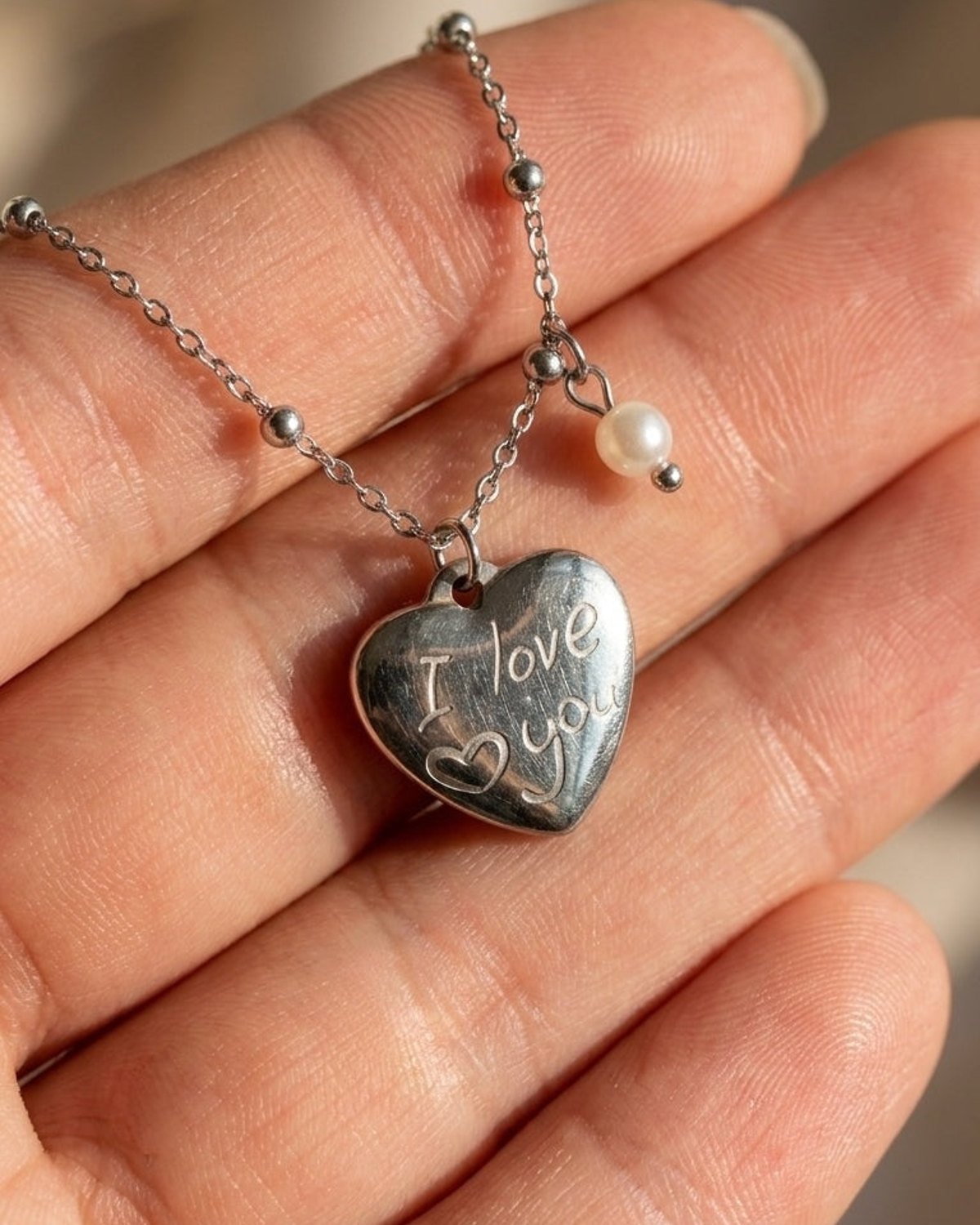 Silver chain necklace with an engraved heart pendant and a hanging pearl, held in a hand.