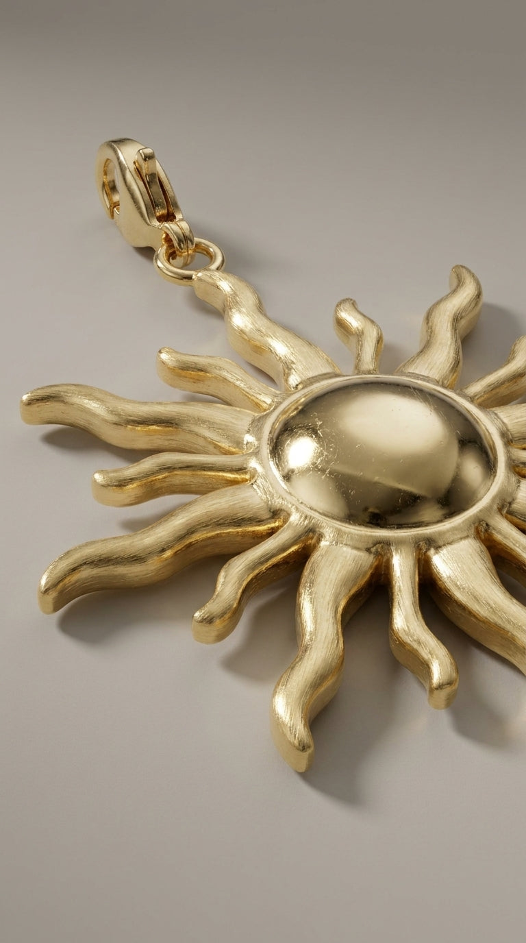 Brushed gold sun-shaped jewelry charm with a smooth, polished center and wavy rays, attached to a clasp.