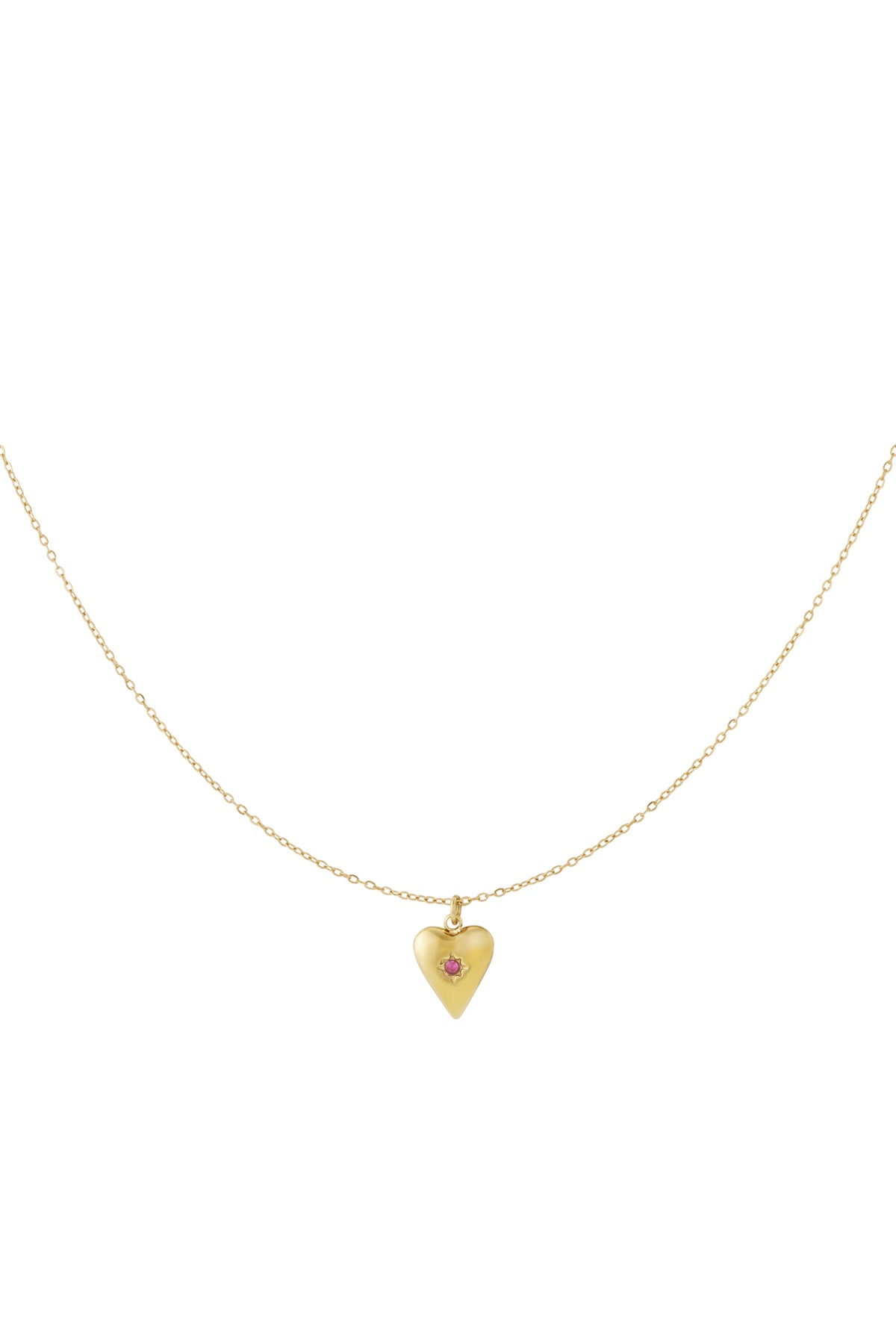 Gold heart pendant necklace with pink birthstone displayed on white background