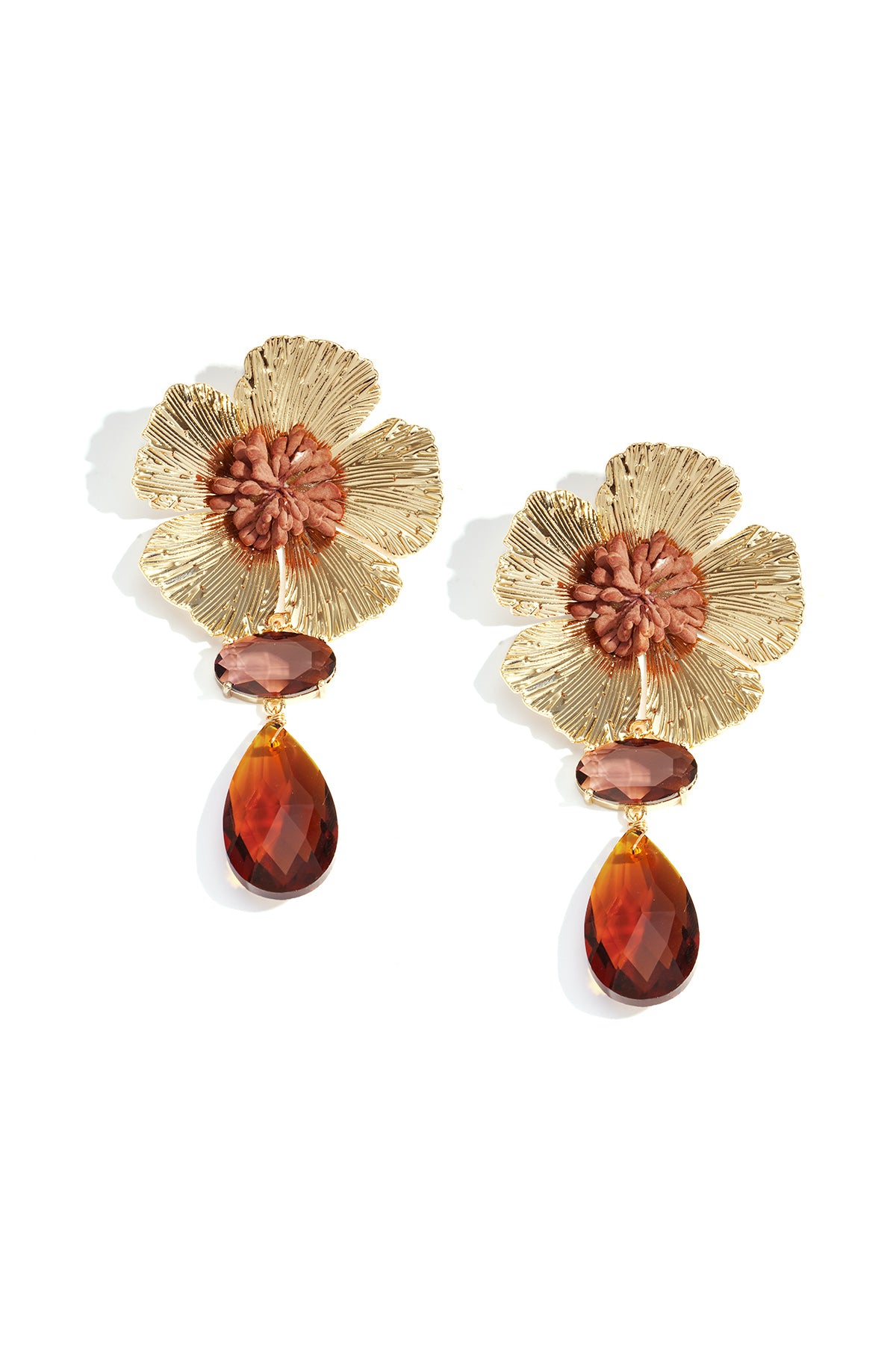 Pair of elegant gold plated floral drop earrings with brown resin center and amber teardrop crystals displayed on white background
