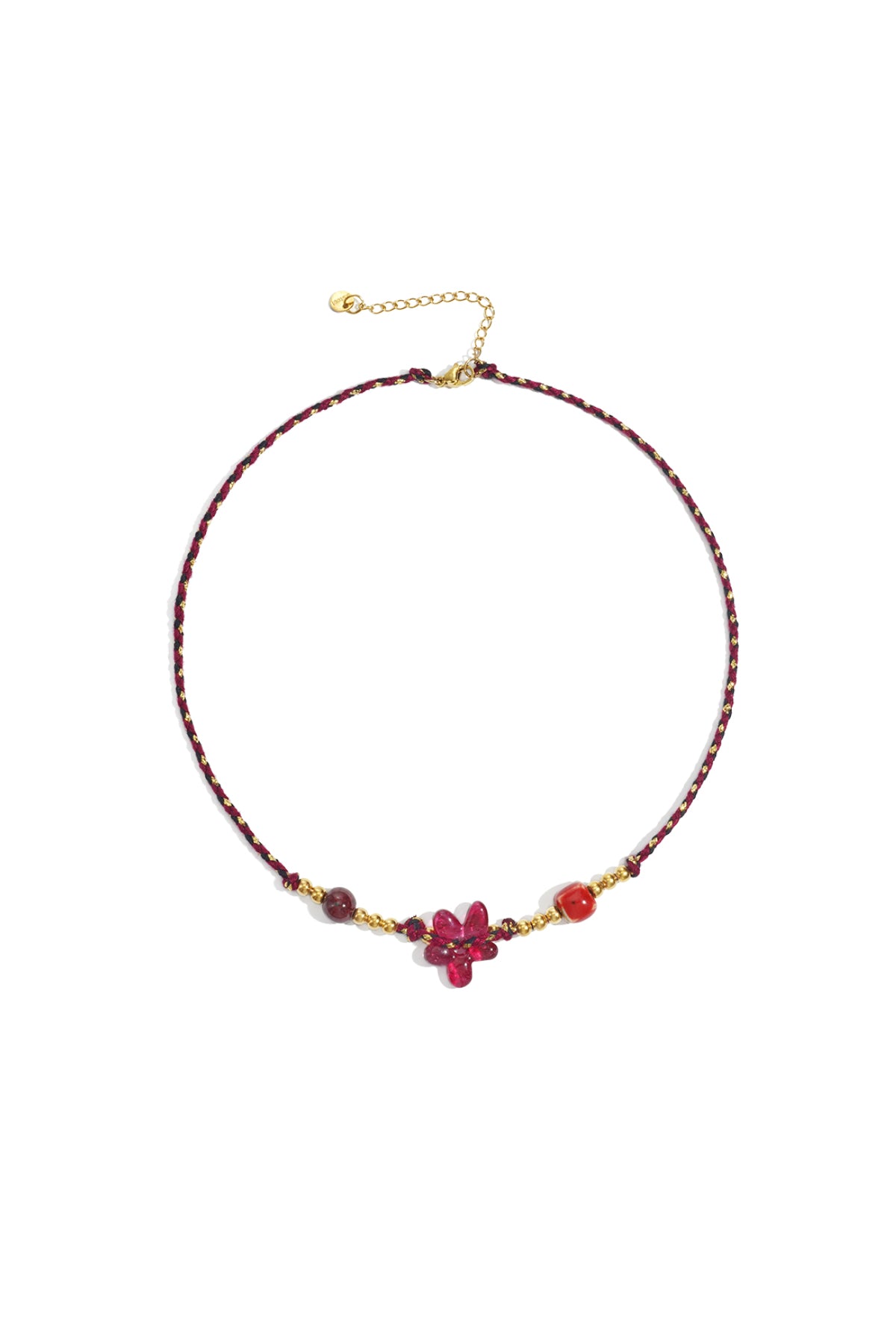 Vibrant red braided flower beaded necklace with gold-tone beads displayed flat on white background