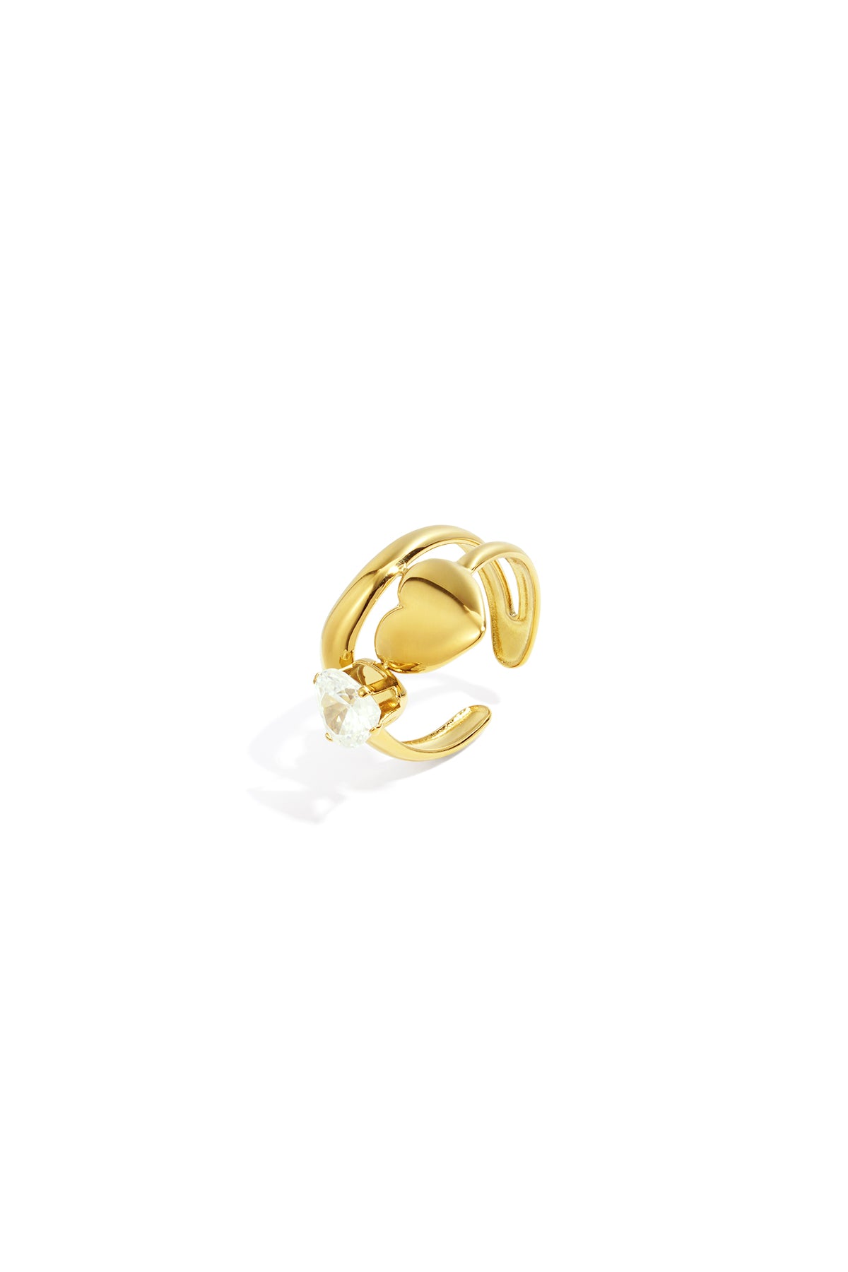 Close-up of a gold adjustable ring with a heart and clear gemstone on white background
