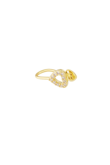 Gold-tone heart-shaped ear cuff with sparkling zircon crystals on white background
