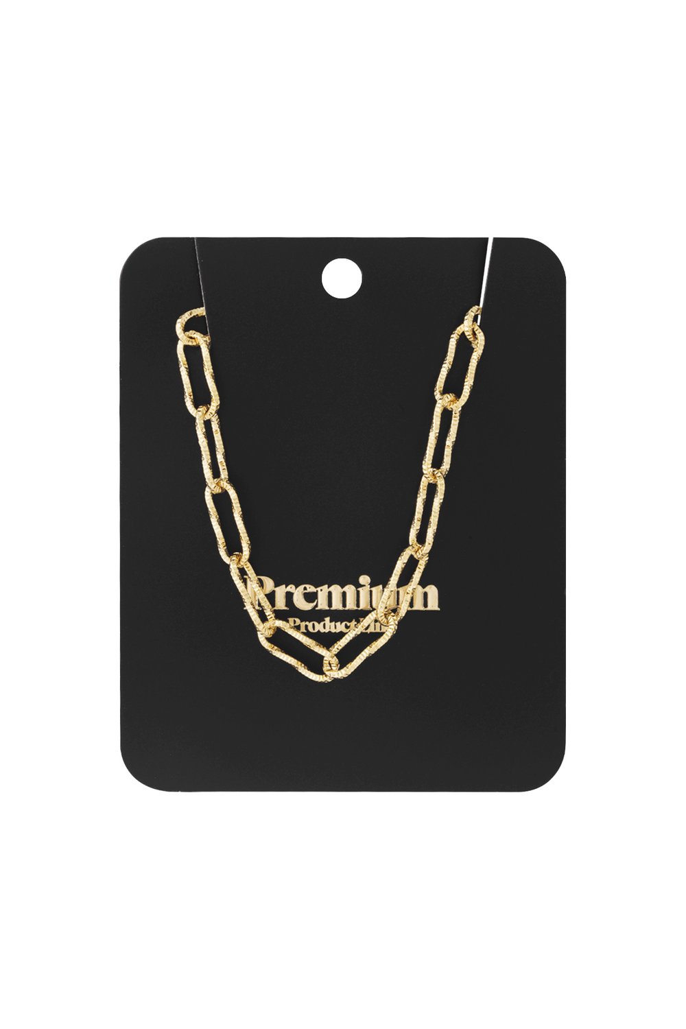 Interlocked Bestie gold necklace featuring a textured, elongated chain-link design on a black display card.