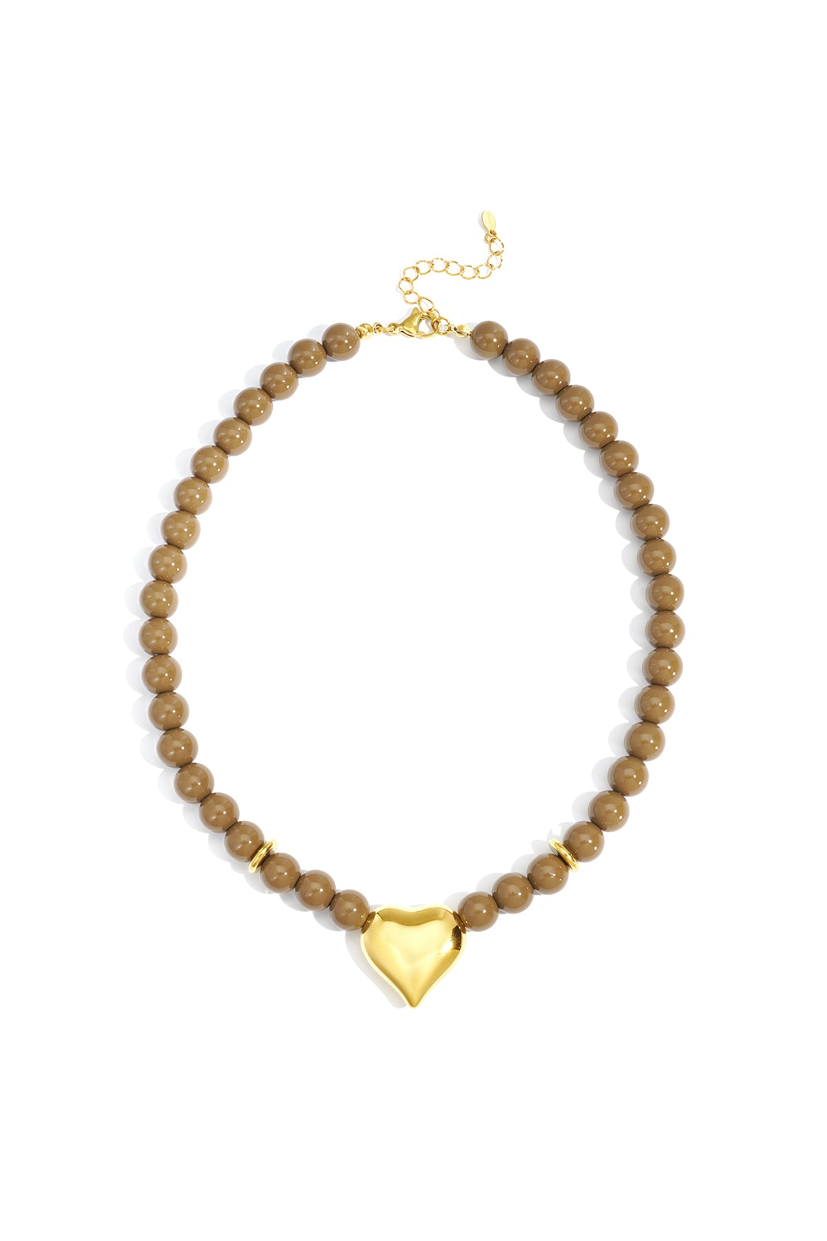Glossy olive-colored acrylic beaded necklace with gold heart pendant and gold lobster clasp displayed on white background
