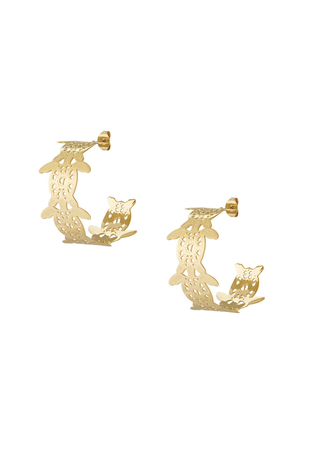 Pair of gold-plated hoop earrings with intricate cut-out turtle designs against white background