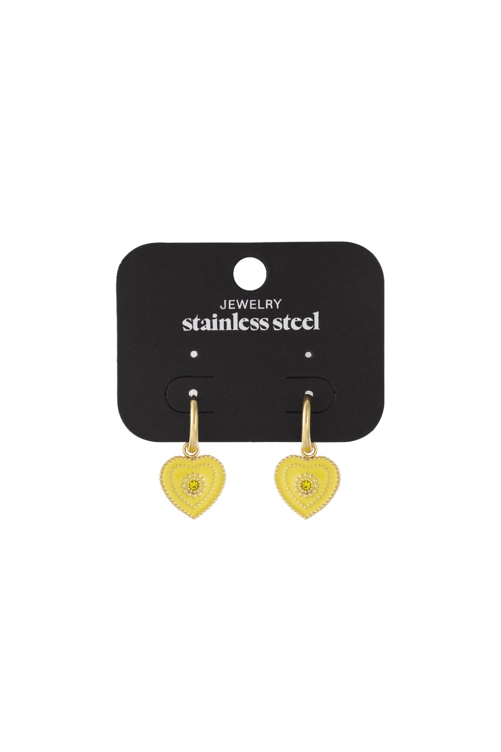 Gold-tone stainless steel hoop earrings featuring yellow heart-shaped charms with a central crystal accent.