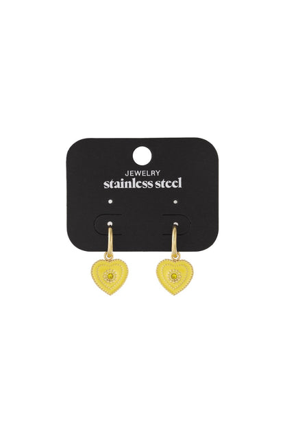 Gold-tone stainless steel hoop earrings featuring yellow heart-shaped charms with a central crystal accent.