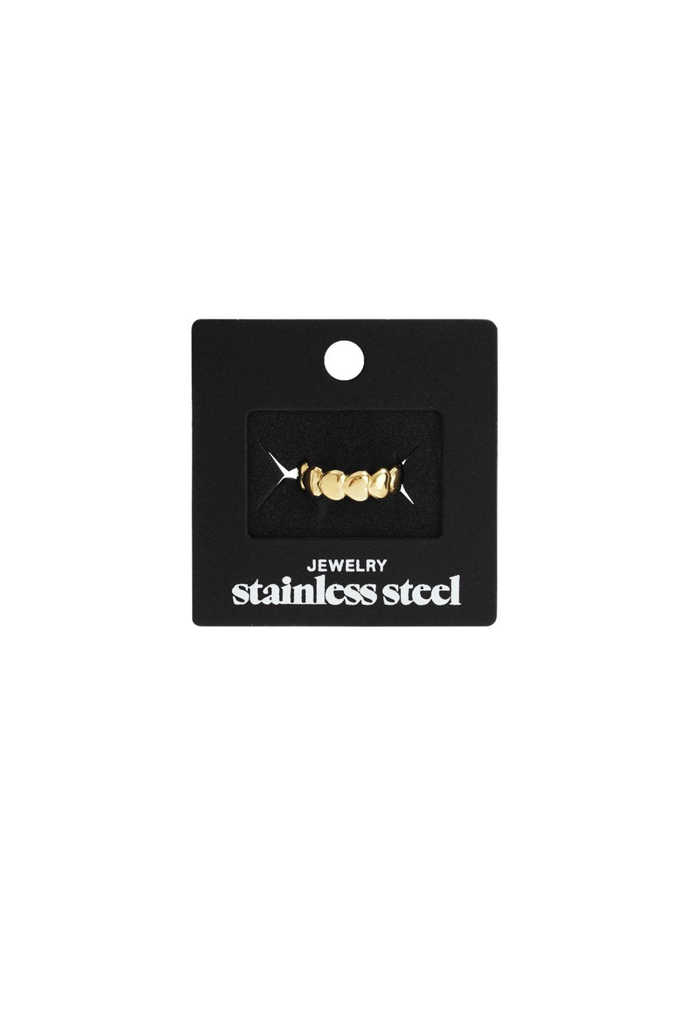 Little Heart Stacker ring in gold-tone stainless steel, featuring a dainty row of small hearts on a black display card.