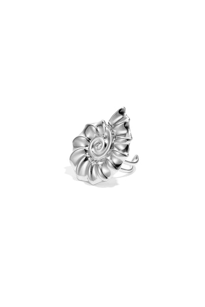 Black and white version of the close-up image of the gold spiral shell statement ring on white background