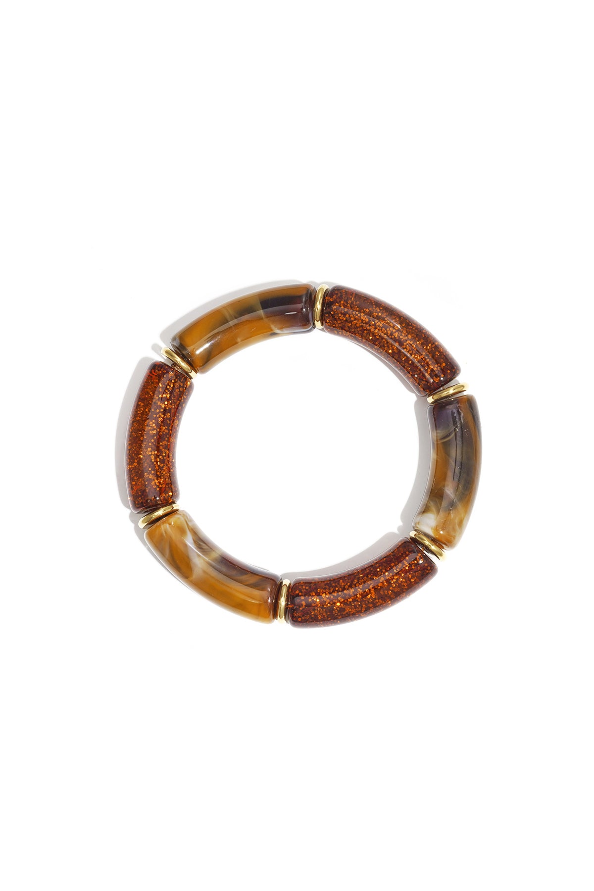 Brown glitter and marbled resin beaded stretch bracelet with gold-tone spacers on white background