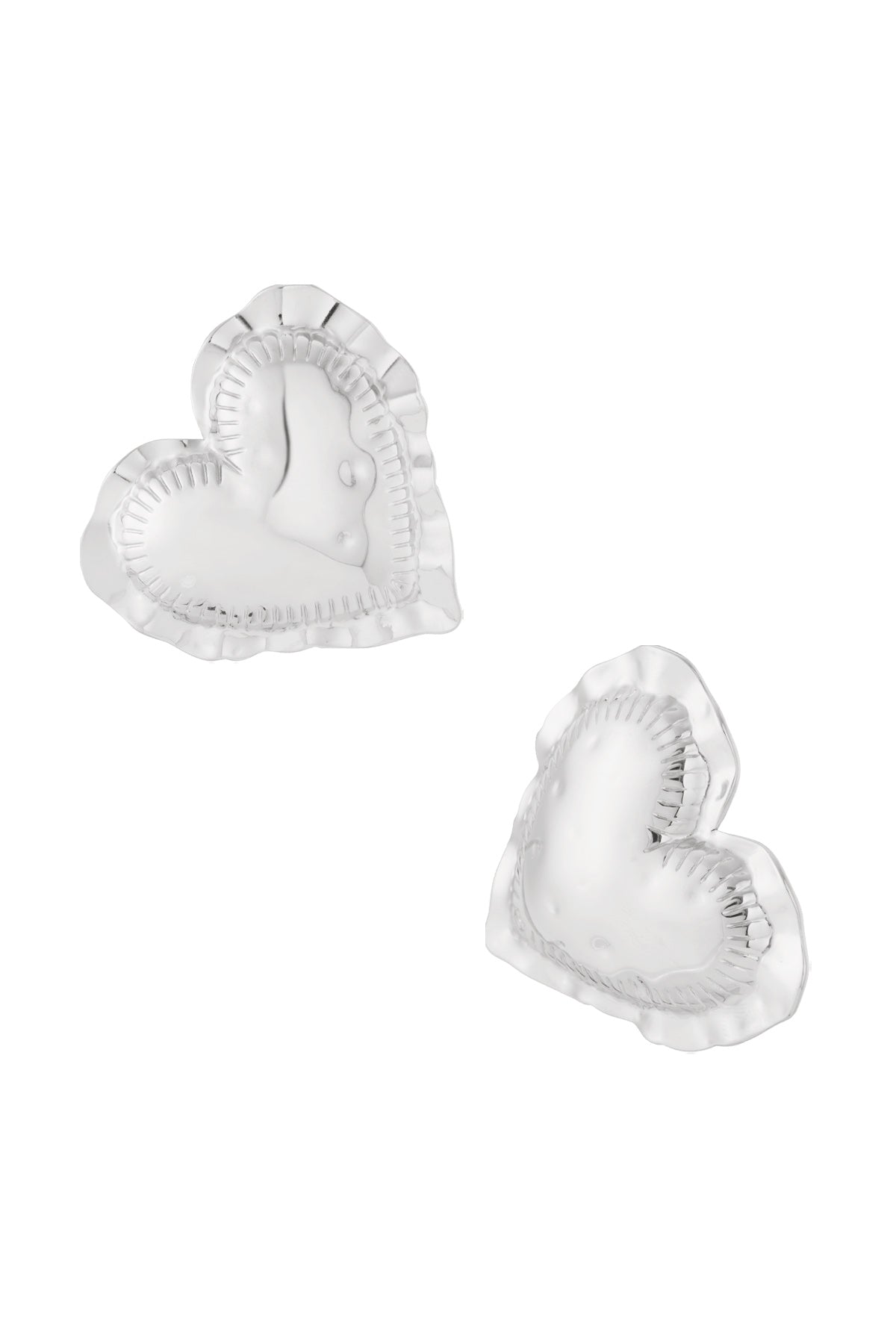 Pair of silver-tone puffy heart shaped stud earrings with textured ridge detail on a white background