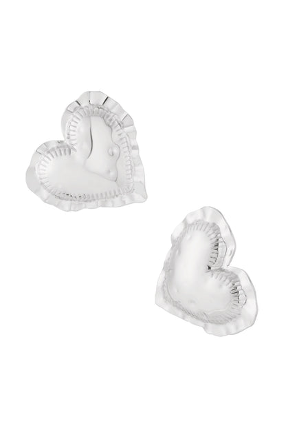 Pair of silver-tone puffy heart shaped stud earrings with textured ridge detail on a white background