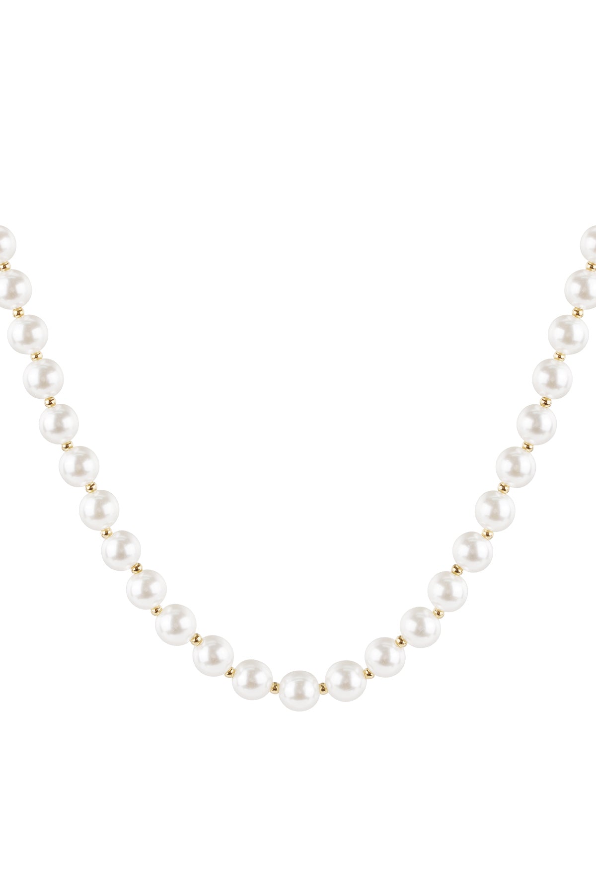 Close-up of pearl white glossy acrylic beaded necklace with gold spacers on white background