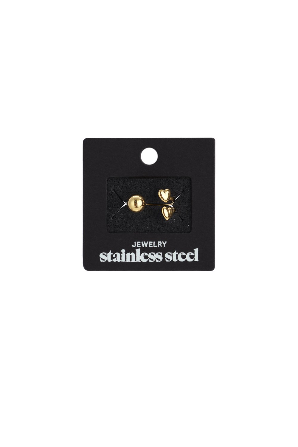 Sweetheart Brushed gold-tone stainless steel ring featuring one sphere and one heart-shaped charm on display card.