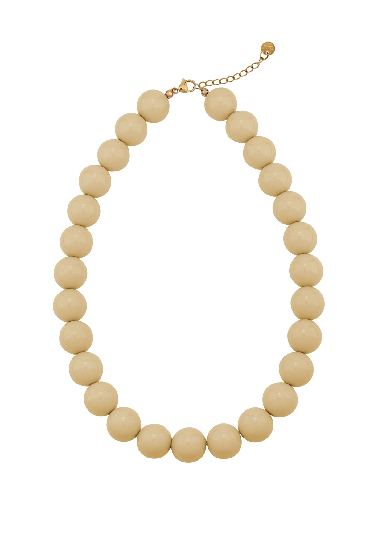 Chunky beige beaded necklace with large, glossy round beads on a gold-tone metal chain.