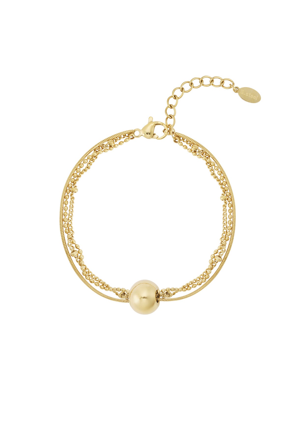 Gold toned multi-chain bracelet with a smooth round sphere charm and adjustable lobster clasp closure on white background
