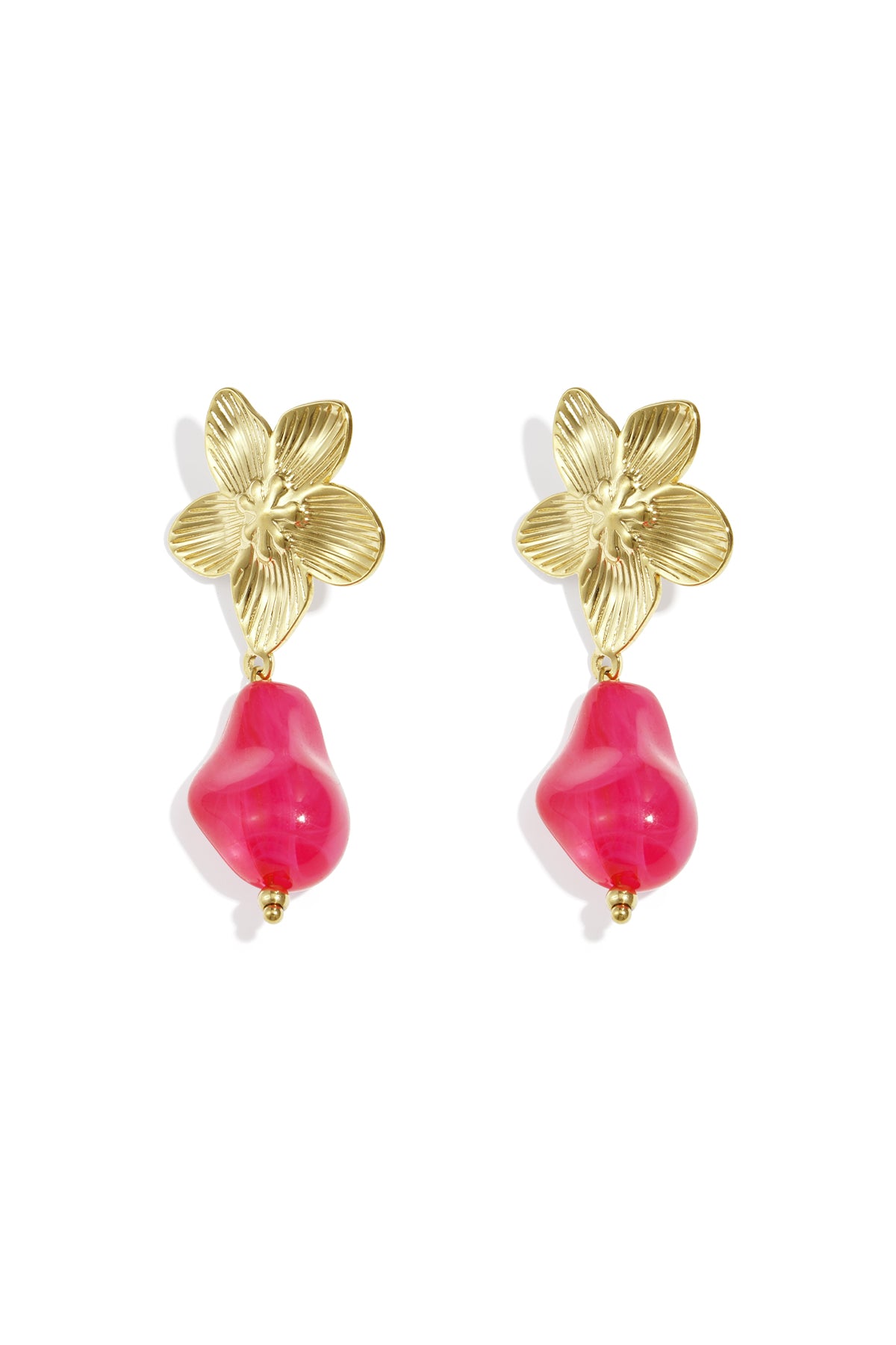 Gold-tone earrings featuring a textured flower stud and a dangling, smooth, pear-shaped hot pink resin drop.
