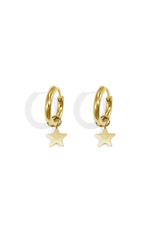 Pair of gold hoop earrings with dangling star charms on white background