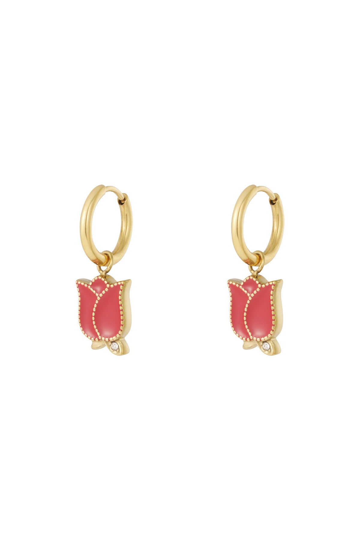 Pair of gold hoop drop earrings with red enamel tulip flower charms and rhinestone accents on white background