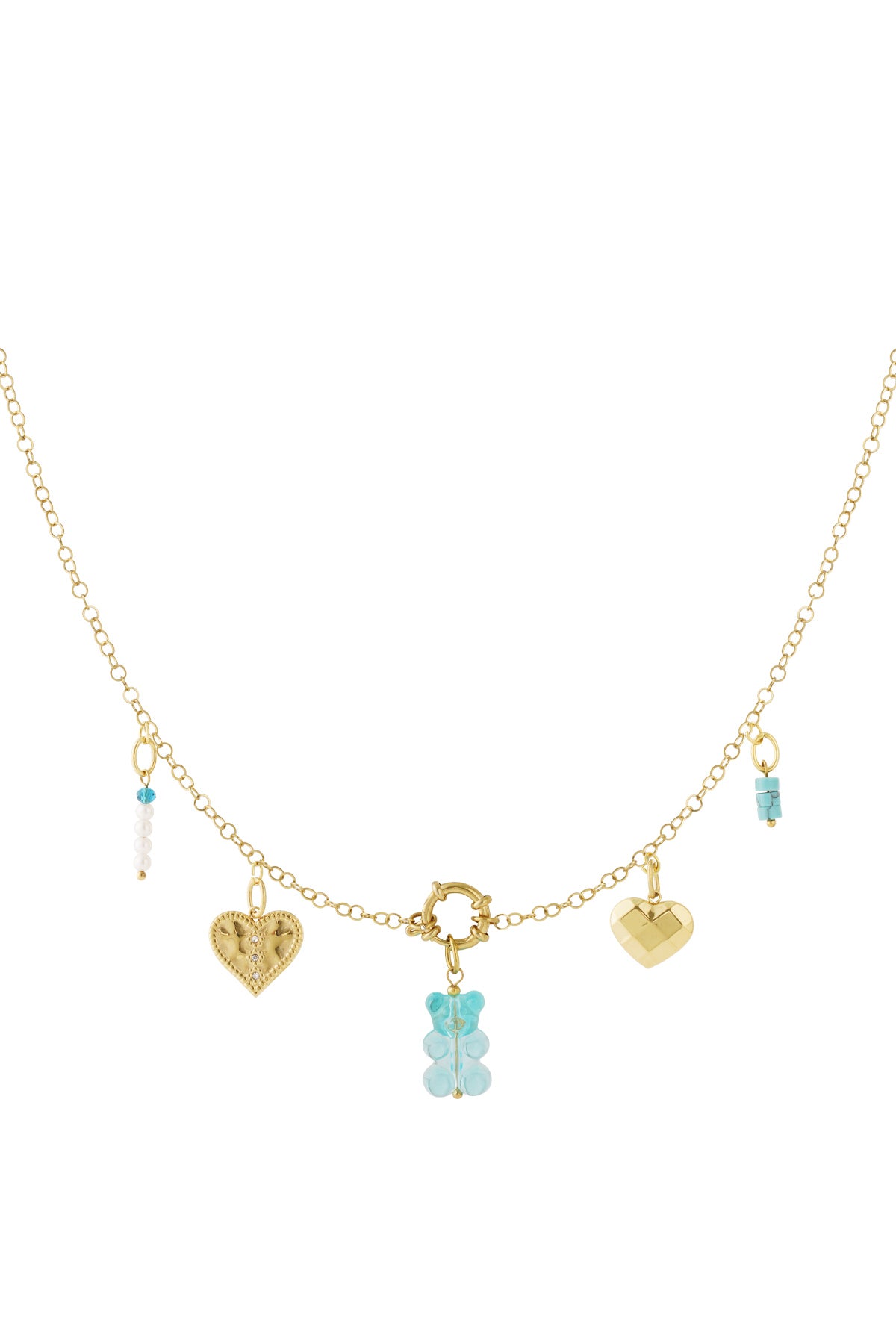 Gold-plated chain necklace laid flat displaying all five charms: blue gummy bear, two heart pendants, and blue and white bead charms, with a round spring clasp in the center