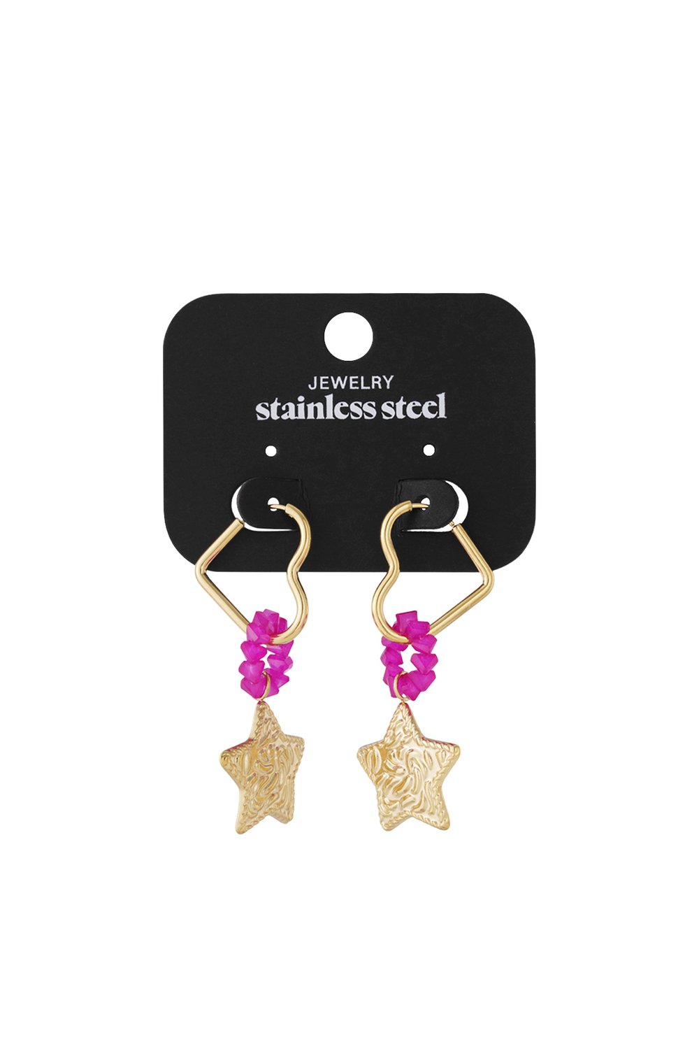 Shooting Star drop earrings: gold-tone heart hoops, bright pink beaded accents, and textured gold star charms.