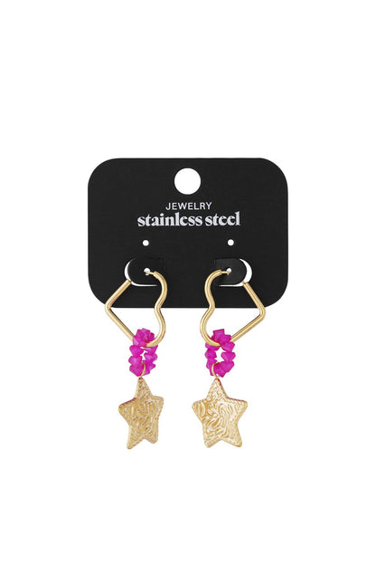 Shooting Star drop earrings: gold-tone heart hoops, bright pink beaded accents, and textured gold star charms.