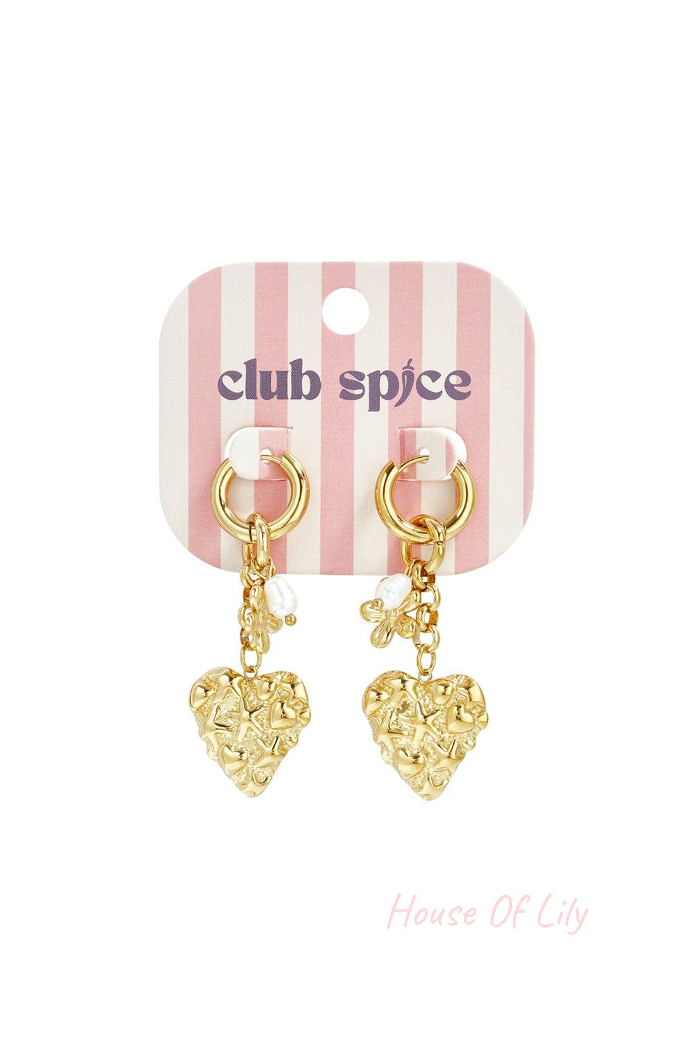 Gold hoop earrings with textured heart charms, flower accents, and small white pearls on a pink striped display card.