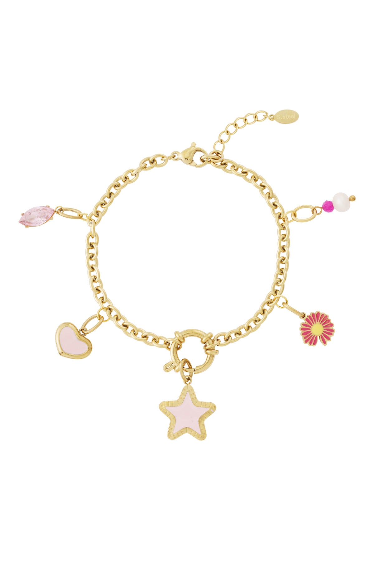 Gold chain charm bracelet laid flat showing all five detachable charms on white background