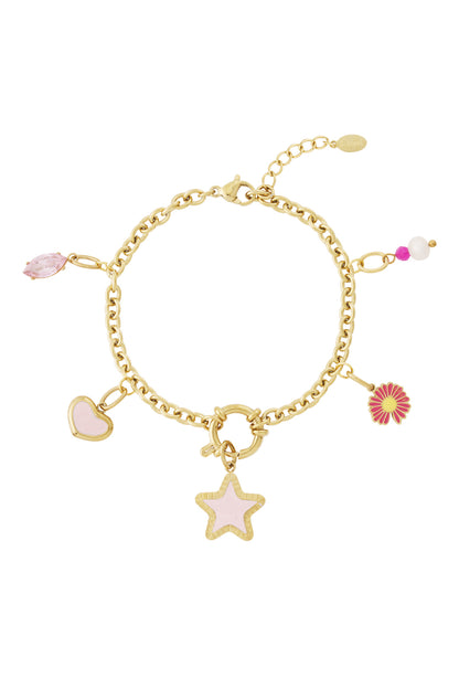 Gold chain charm bracelet laid flat showing all five detachable charms on white background