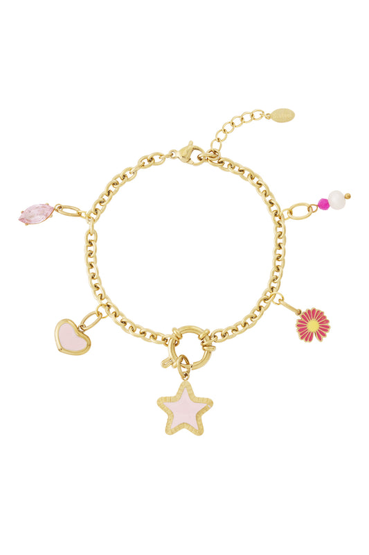 Gold chain charm bracelet laid flat showing all five detachable charms on white background