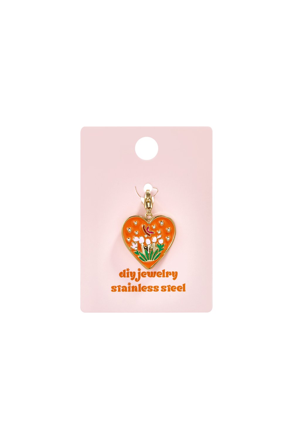 Orange Tulip Heart charm made of stainless steel, featuring a floral design on a gold-toned base.