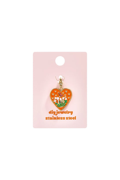 Orange Tulip Heart charm made of stainless steel, featuring a floral design on a gold-toned base.