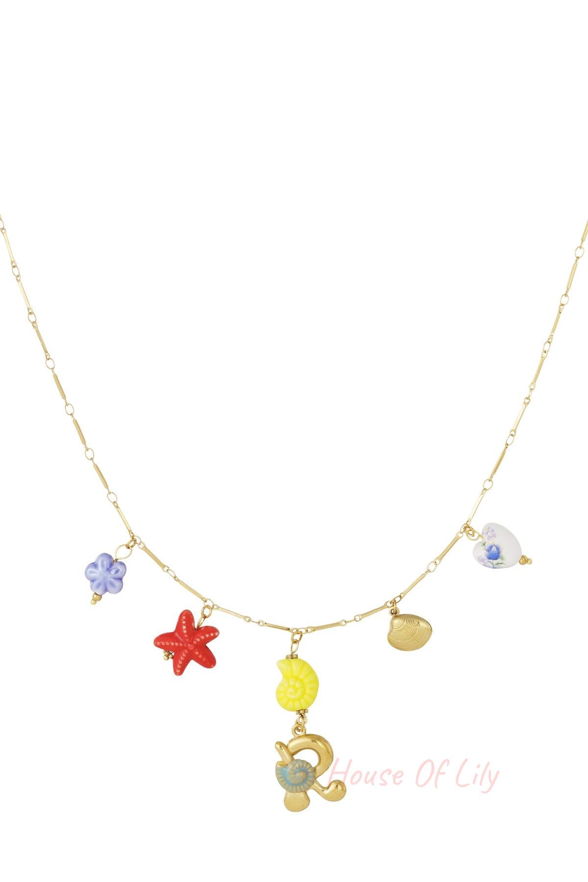 Gold chain necklace featuring colorful beach-themed charms, including a seashell, starfish, and initial R pendant.