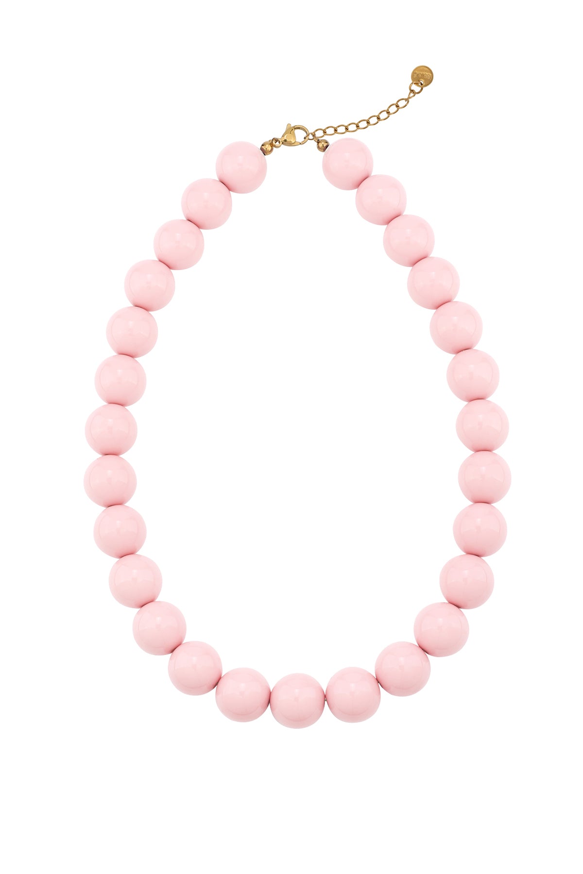 Red chunky resin beaded necklace with gold chain clasp photographed on white background