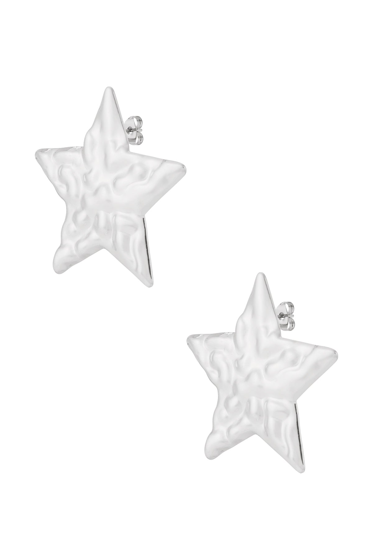 Pair of silver hammered star-shaped stud earrings shown on white background