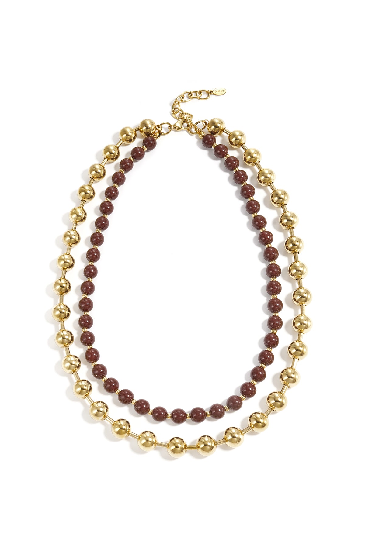 Layered necklace set featuring chunky gold beads and smaller chocolate brown beads arranged flat on white background