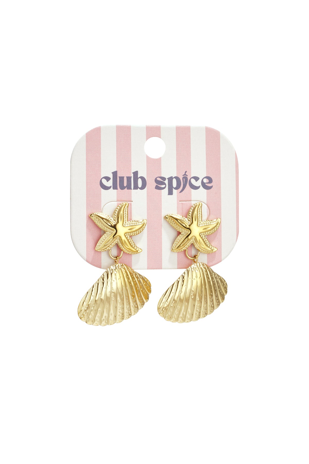 Gold starfish and shell drop earrings displayed on pink and white striped 'club spice' branded card