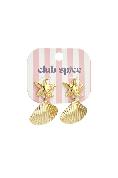 Gold starfish and shell drop earrings displayed on pink and white striped 'club spice' branded card